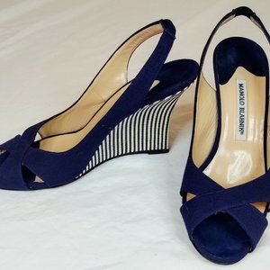 Manolo Blahnik Blue & White Suede & Canvas Slingba